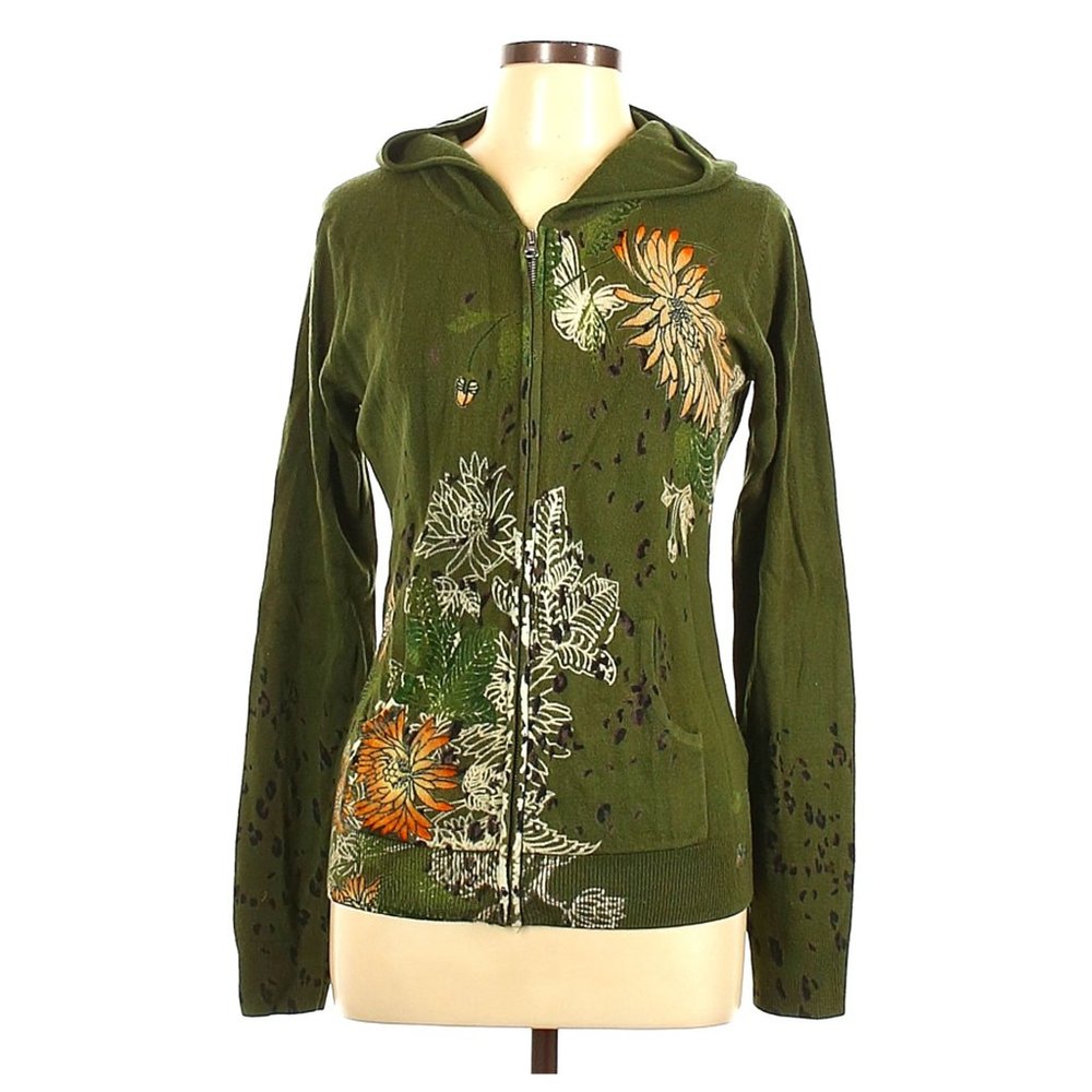 Soft Floral Butterfly Print Zip Hoodie Sweater by Til the End Forest Green Large